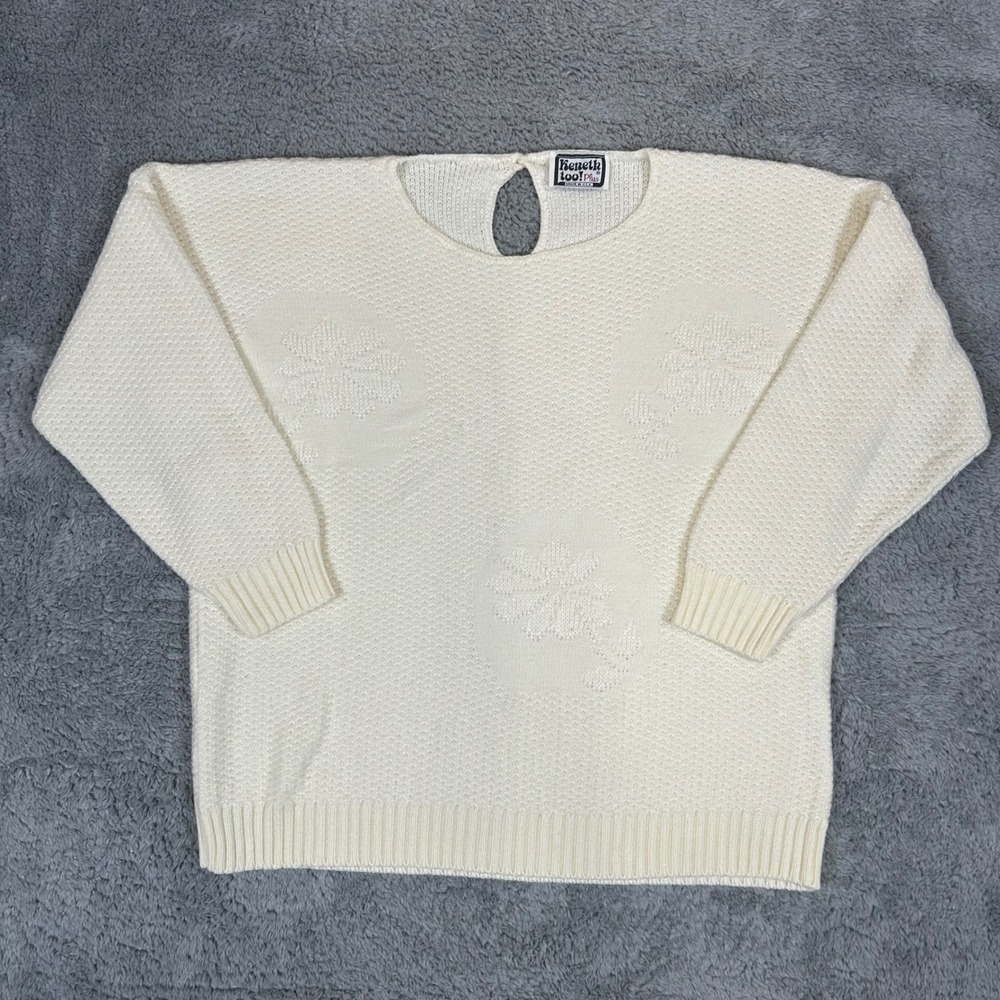 Keneth Too! Plus Vintage Cream Pointelle Floral Knit Sweater Made in USA